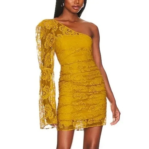 For Love And Lemons Dresses & Skirts - For Love And Lemons Women's Tiana One-Shoulder Lace Mini Dress Yellow Small NWT